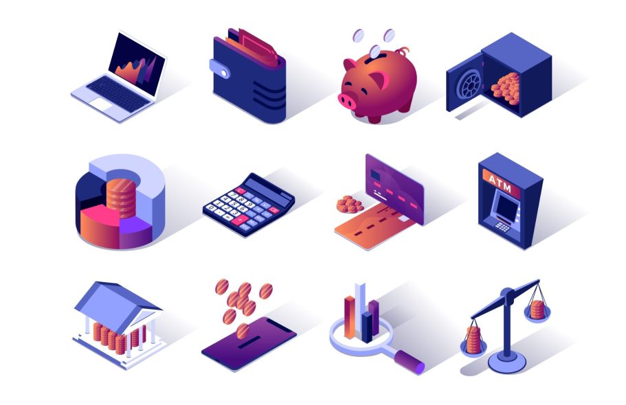 Icônes sur la finance : graphique, dossier, tirelire, calculatrice, maison, balance.