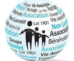 Globe illustrant des concepts d'association et de bénévolat, avec des silhouettes humaines.