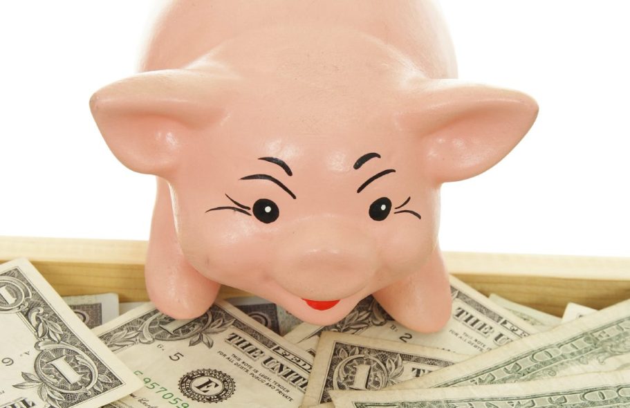 Tirelire en forme de cochon entourée de billets de banque.