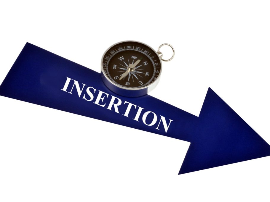 Flèche bleue avec une boussole et le mot "INSÉRER" en lettres blanches.
